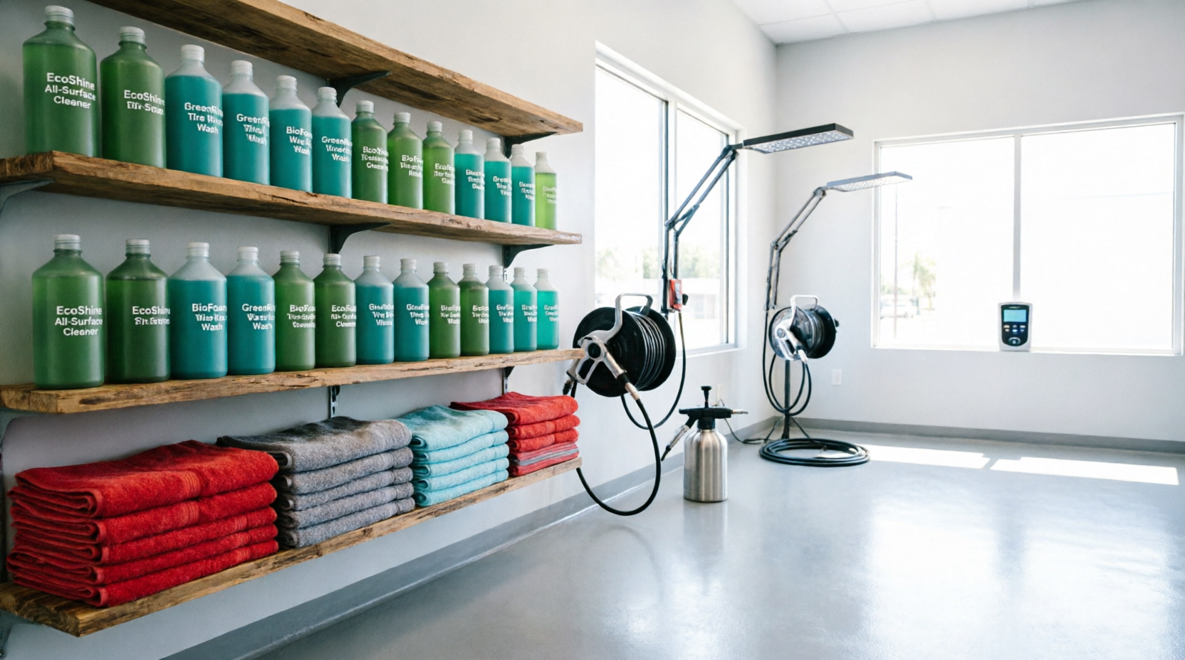 Clean, organized car wash workspace with eco-friendly products