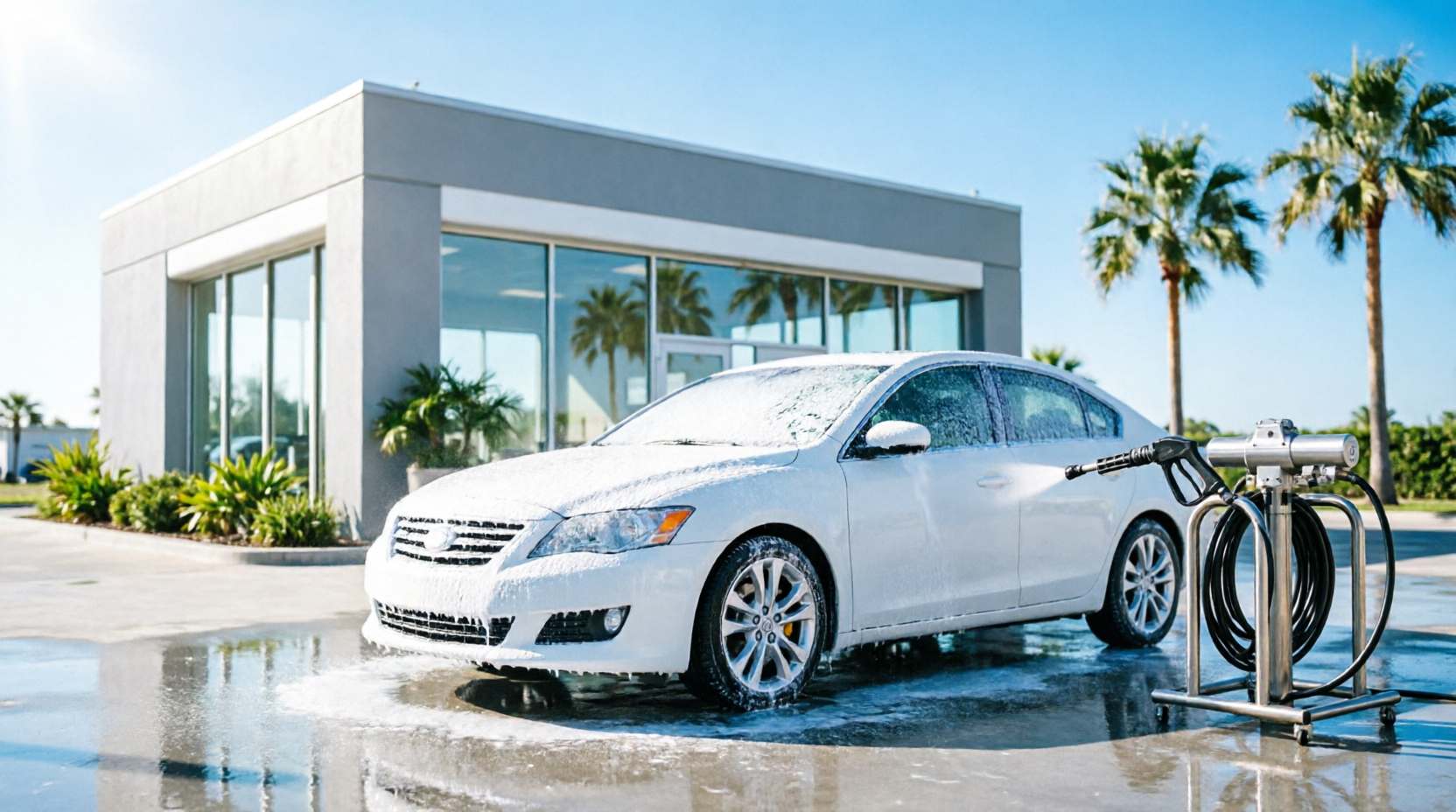 Professional car wash bay under sunny Sarasota, Florida sky