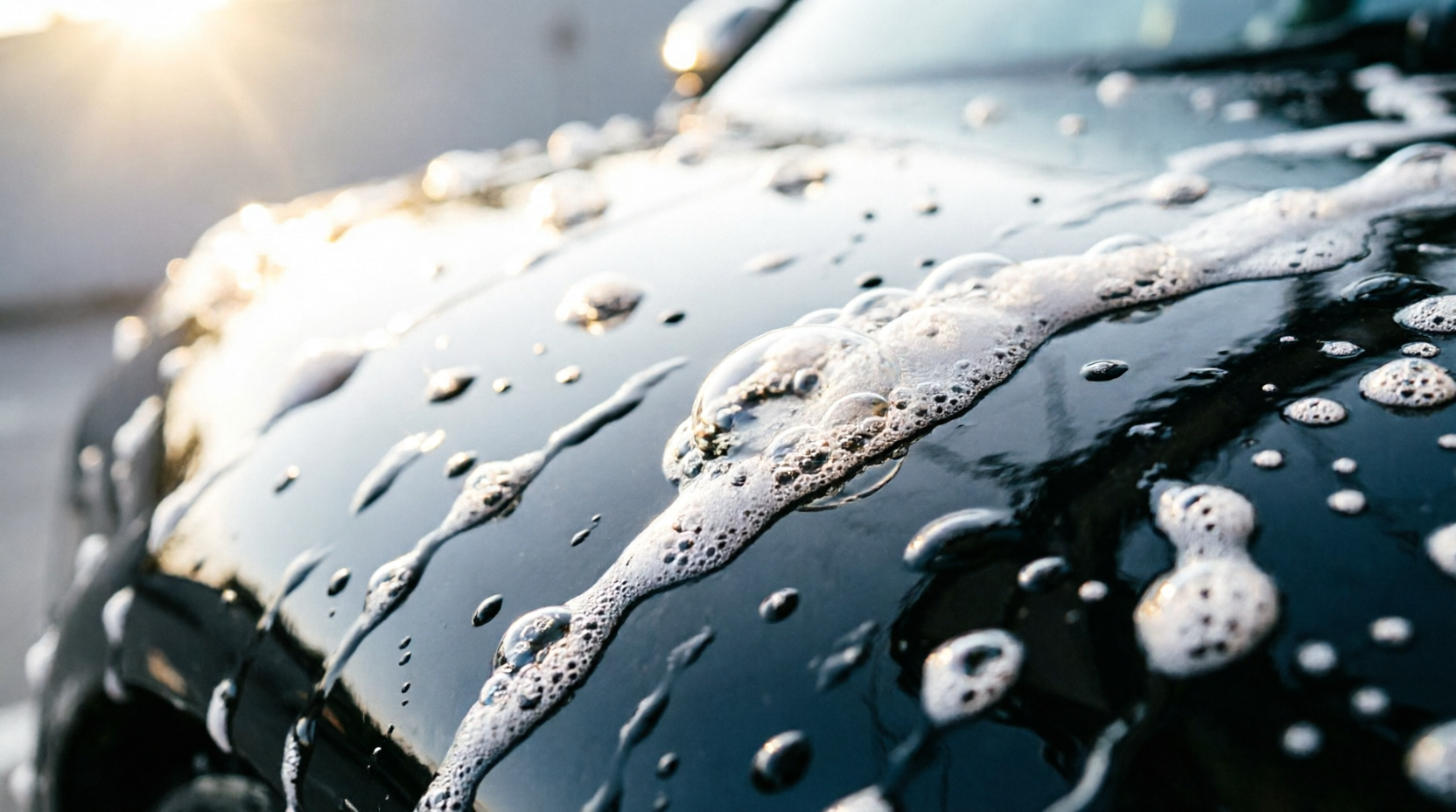 Close-up of premium car paint being cleaned with water droplets